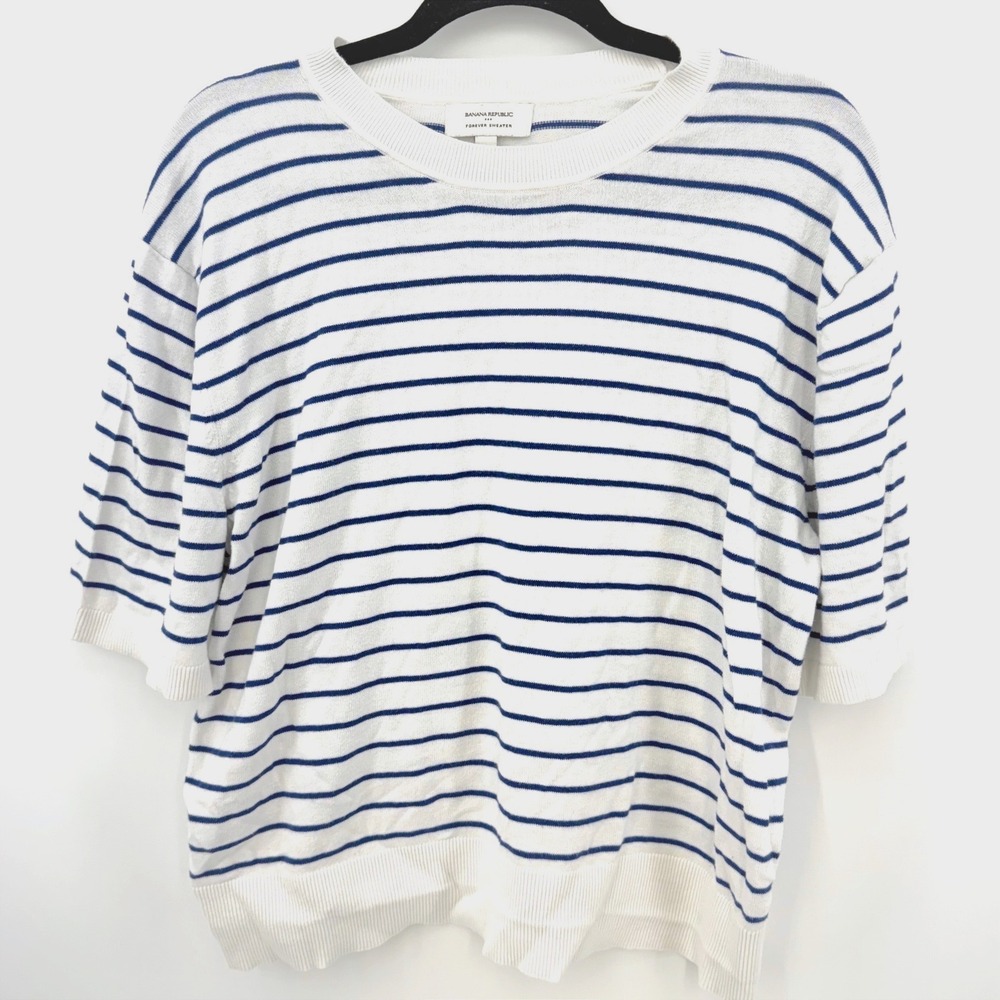 Banana Republic Parisian White Blue Striped Knit Half Sleeve Crewneck M Nautical